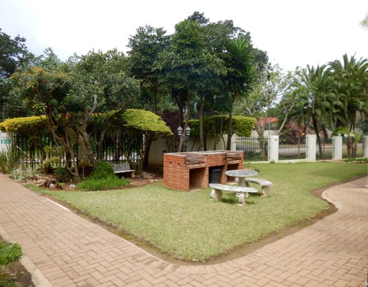 Landscaped garden with a braai and seating